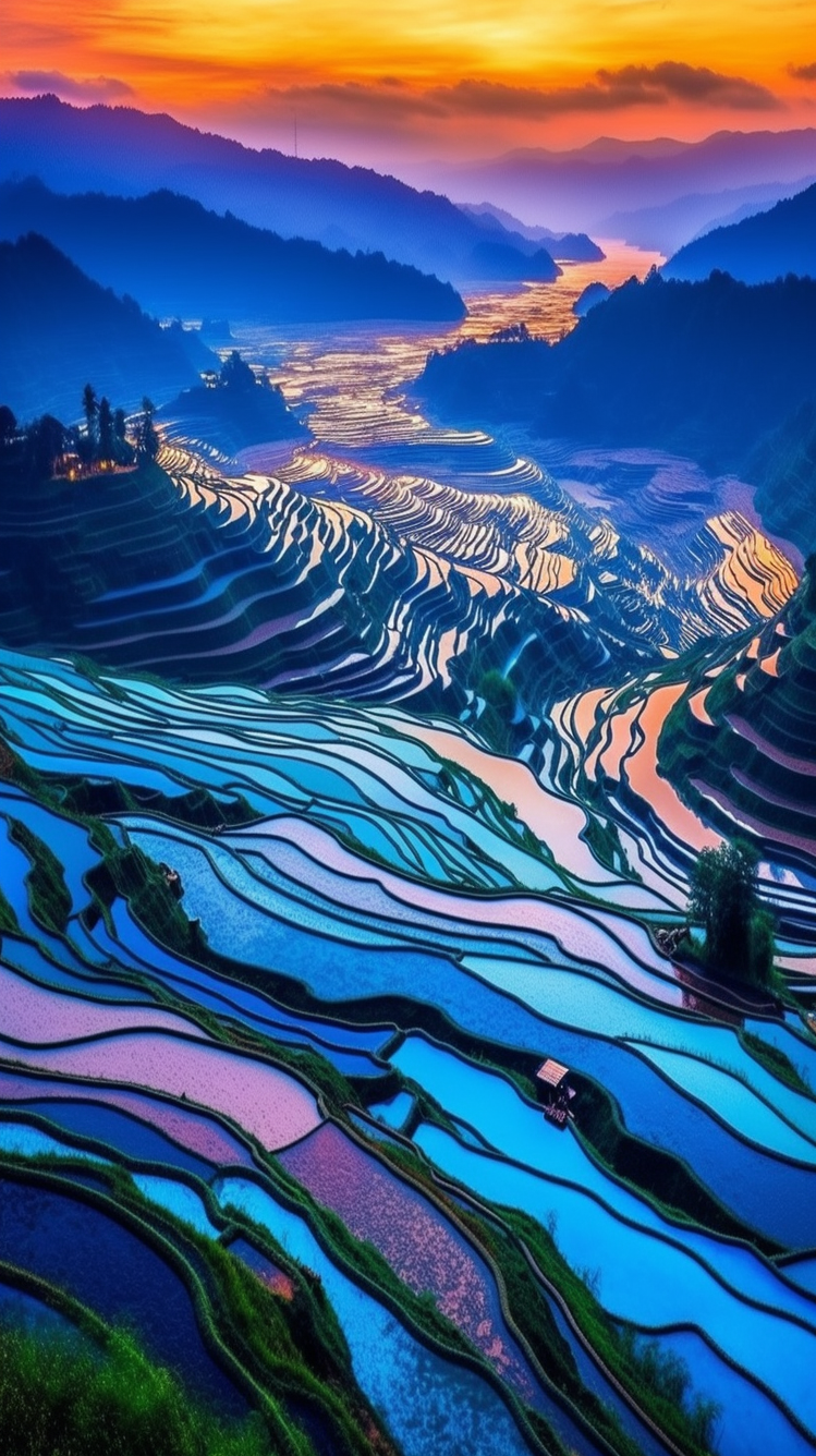 magnifique photo d'un paysage de rizière coloréé