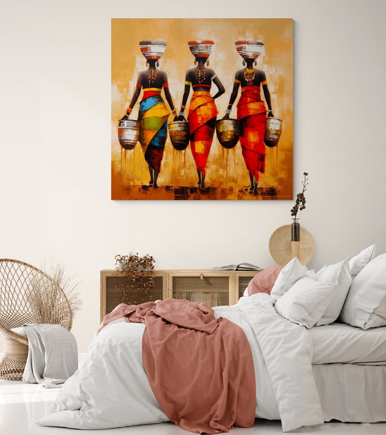 Dans une chambre adulte à l'ambiance paisible, le tableau "Trois Femmes Africaines" crée une atmosphère harmonieuse avec ses couleurs chaudes et ses textures naturelles.