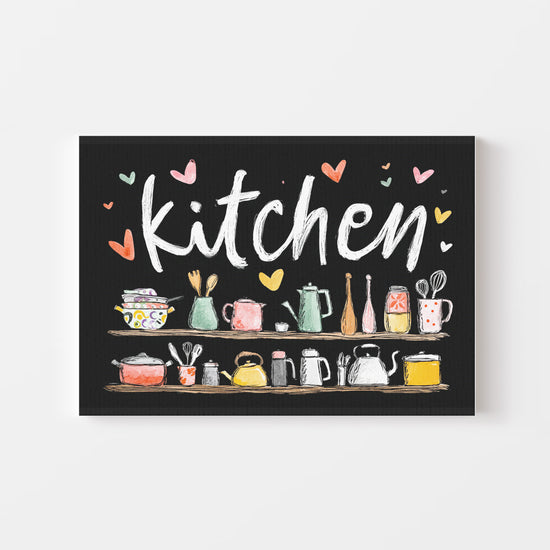 Affiche déco cuisine Kitchen avec ustensiles colorés sur fond noir