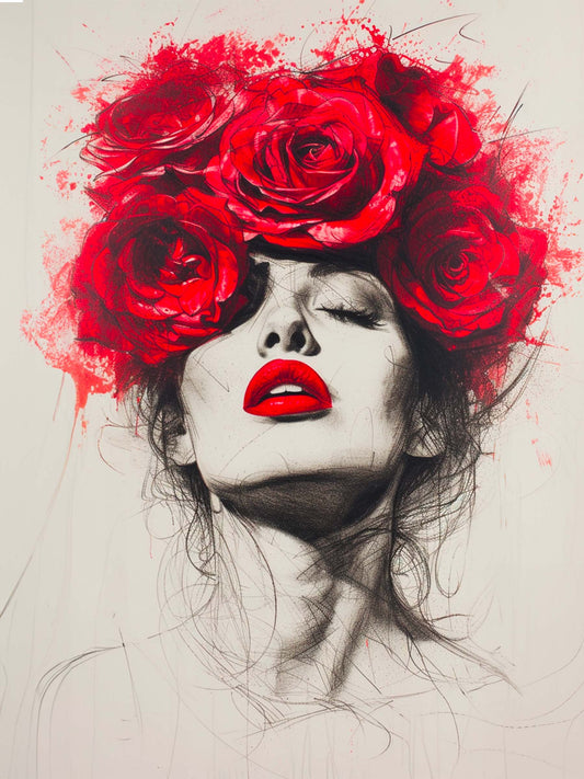 toile, visage de femme, trait de crayons, roses dans les cheveux.