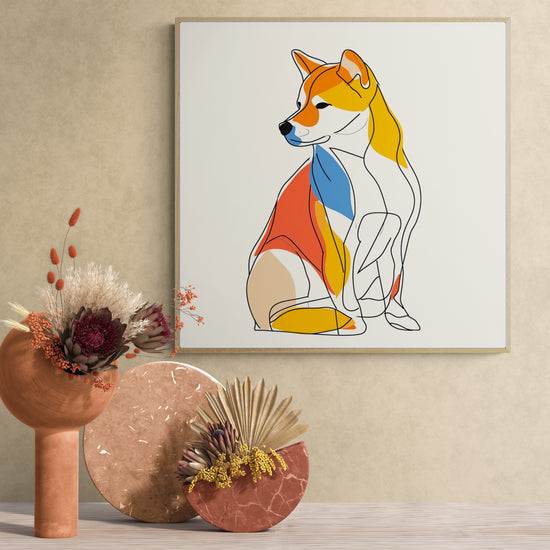  un cadre murale avec Une illustration de Shiba Inu près d'un arrangement floral