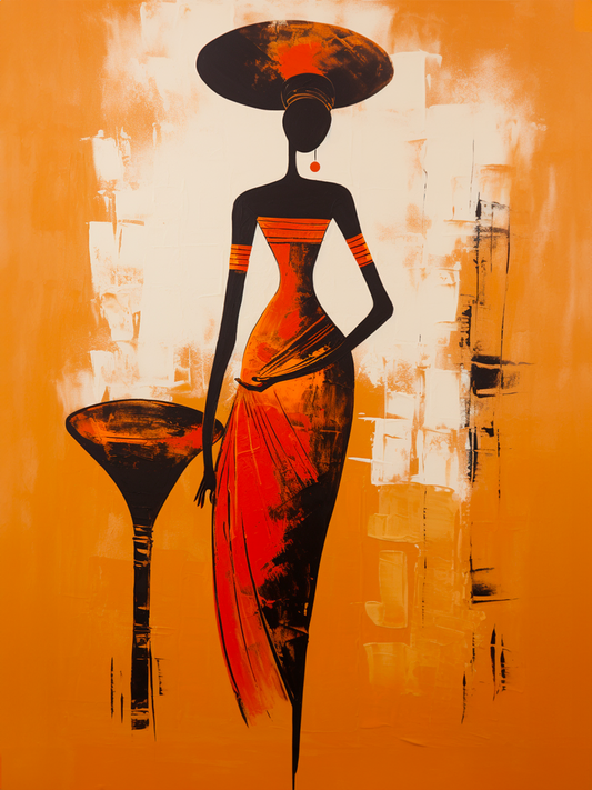 Cette œuvre d'art moderne présente une silhouette féminine africaine stylisée, émergeant avec grâce sur un fond orange vibrant, évoquant la culture et l'élégance.