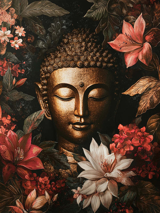 Une œuvre d’art captivante représentant un Bouddha doré entouré de fleurs exotiques rouges et blanches, sur un fond sombre. Le contraste vibrant crée une ambiance paisible et élégante.