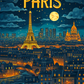 illustration colorée de la ville de Paris la nuit. La Tour Eiffel, sacre-coeur, pleine lune et ciel étoilé, 