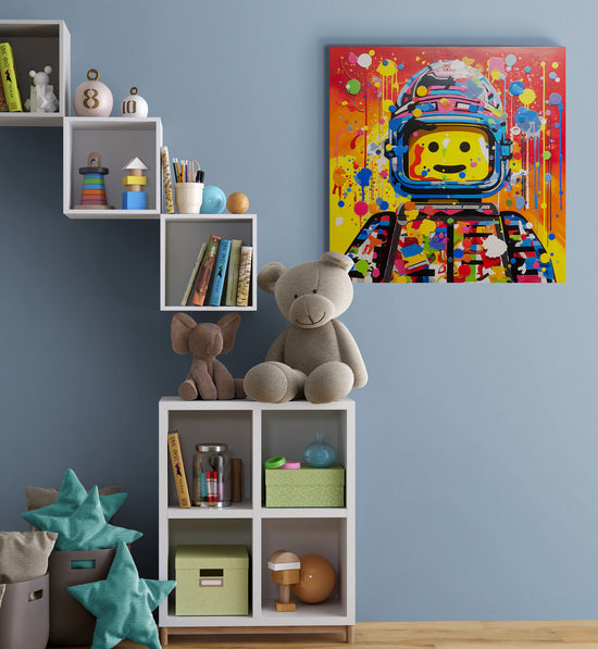 Tableau Legos près d'une bibliothèque pour enfant, enrichissant l'espace de lecture avec des couleurs vives