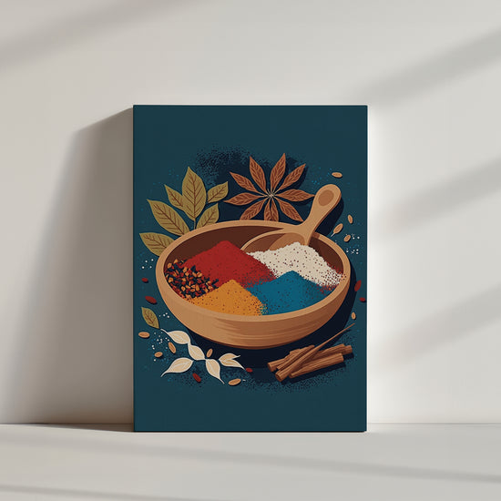 tableau épices indiennes dans un bol, illustration 2D, illustration vectorielle, style graphique plat, couleurs claires, partiellement beige et bleu, design moderne,