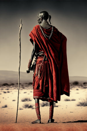 Portrait d’une silhouette africaine de dos dans un paysage désertique. Tenue traditionnelle rouge, bijoux ethniques, bâton de berger. Image évoquant les cultures ancestrales, la puissance symbolique et l’élégance de l’art tribal africain. Style visuel fort, idéal pour une décoration murale ethnique et contemporaine.