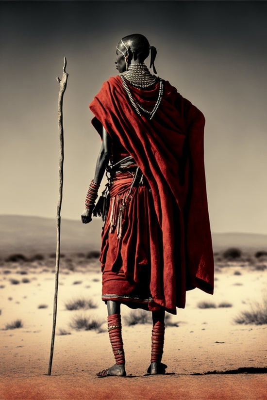 Portrait d’une silhouette africaine de dos dans un paysage désertique. Tenue traditionnelle rouge, bijoux ethniques, bâton de berger. Image évoquant les cultures ancestrales, la puissance symbolique et l’élégance de l’art tribal africain. Style visuel fort, idéal pour une décoration murale ethnique et contemporaine.