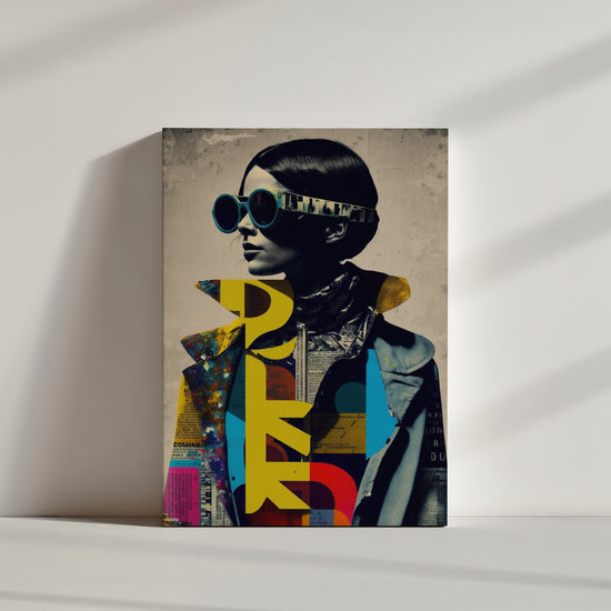 Tableau fashion psychédélique, mode groovepunk, lunettes de soleil, collage, photographie de mode typographique, colorée