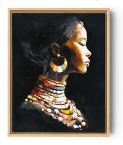 Tableau portrait femme africaine profil peinture tons chauds fond noir