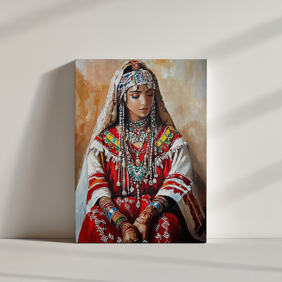 peinture représente une femme berbère vêtue d'une tenue traditionnelle rouge richement ornée de bijoux argentés et colorés. Le fond beige texturé met en valeur les détails raffinés du costume ethnique amazigh. La pièce apporte une touche d'élégance culturelle et d'authenticité à la décoration murale.