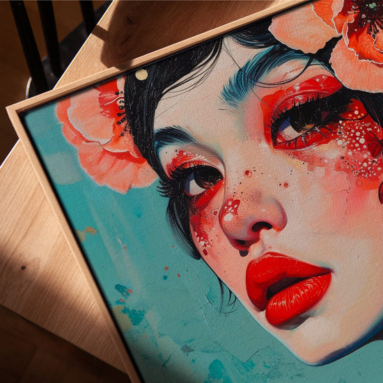 Tableau portrait femme florale lèvres rouges pour salon scandinave