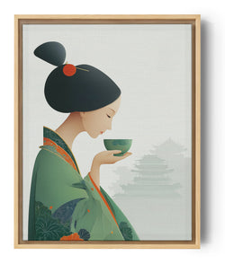Femme japonaise en kimono vert, tableau rituel du thé minimaliste