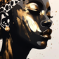Portrait intemporel d'une femme africaine : ébène, or, et jeu de lumières éclatantes."