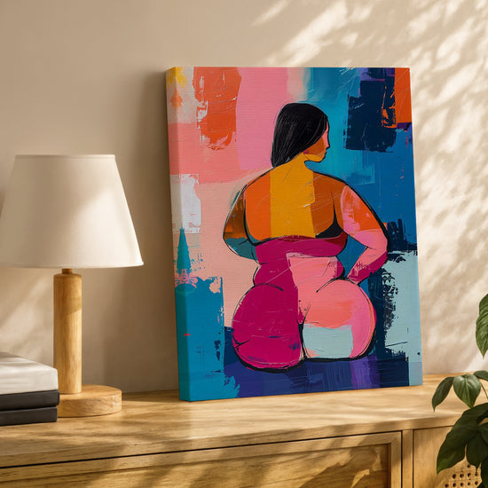 Femme ronde de dos tableau abstrait aux couleurs vives
