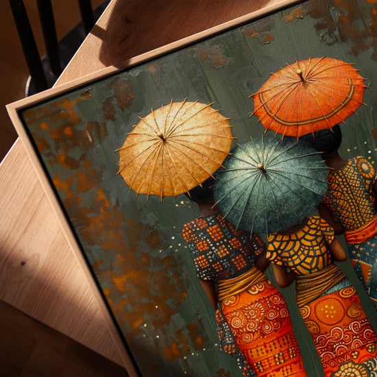 Femmes africaines parapluies colorés tableau pour salon chêne doré