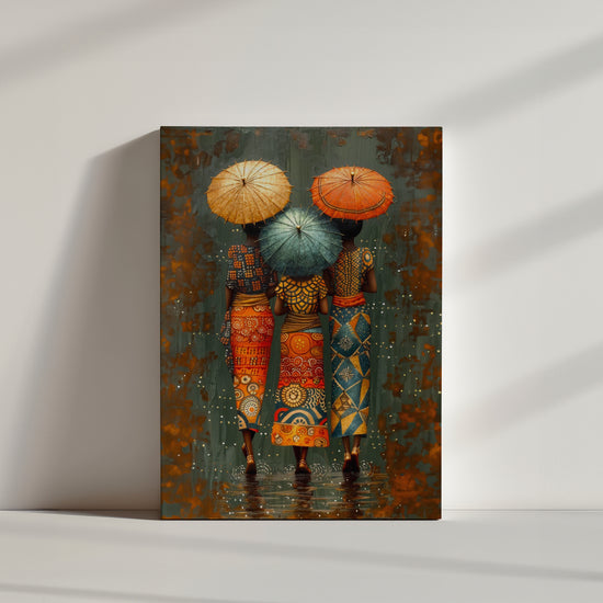 peinture Trois femmes de dos, parapluies colorés, motifs africains vibrants.