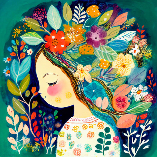 Un tableau d'une fille avec des fleurs dans les cheveux, adorable