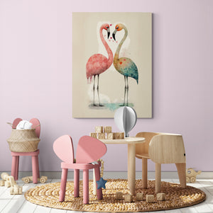 Le tableau des deux flamants trône dans une salle de jeux au mobilier en bois naturel, avec une chaise en forme de papillon et une autre d’éléphant. Le mur rose pâle renforce l’ambiance tendre.