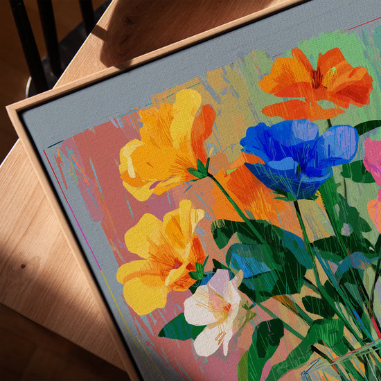 Bouquet fleurs multicolores tableau pour salle à manger scandinave