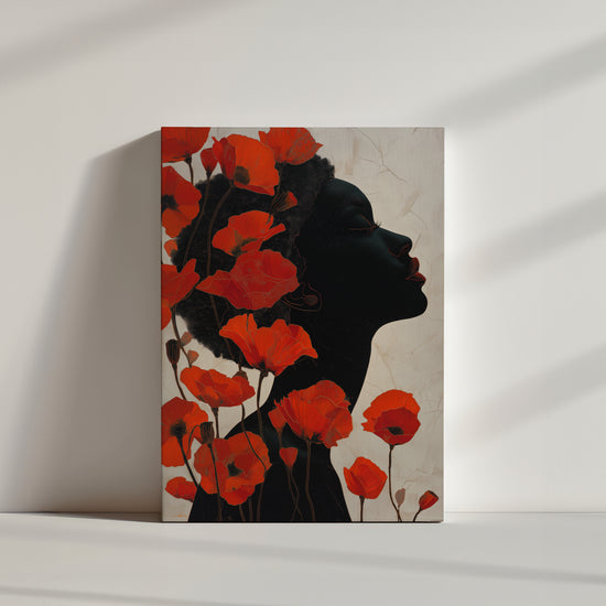 Tableau fleurs coquelicots rouges et silhouette féminine noire, décoration murale moderne ambiance minimaliste