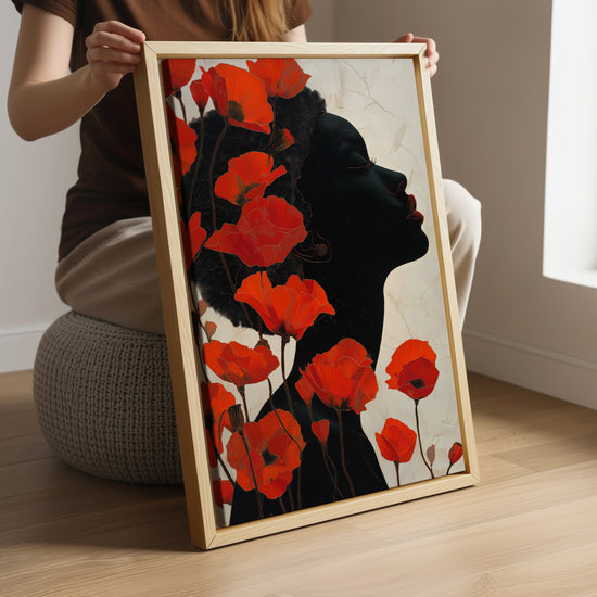Tableau fleurs coquelicots rouges silhouette féminine art moderne accroché salon contemporain cadre bois
