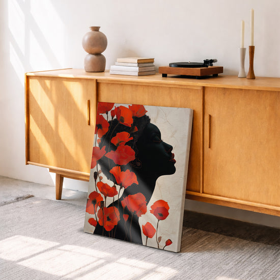 Tableau fleurs coquelicots rouges et silhouette féminine noire, décoration murale salon moderne