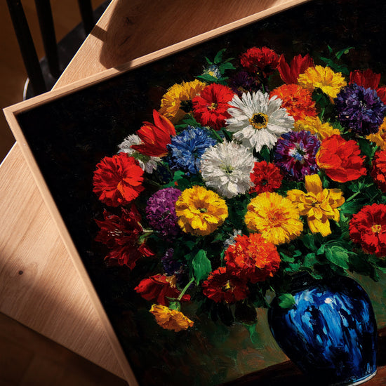 Tableau fleurs multicolores vase bleu cobalt sur toile avec cadre chêne doré posé sur table salon