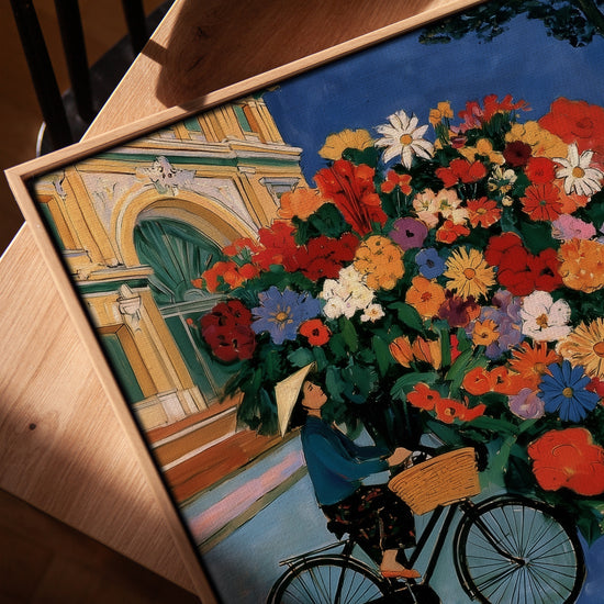 Tableau fleurs multicolores vélo bouquet éclatant décoration salon moderne cadre chêne doré