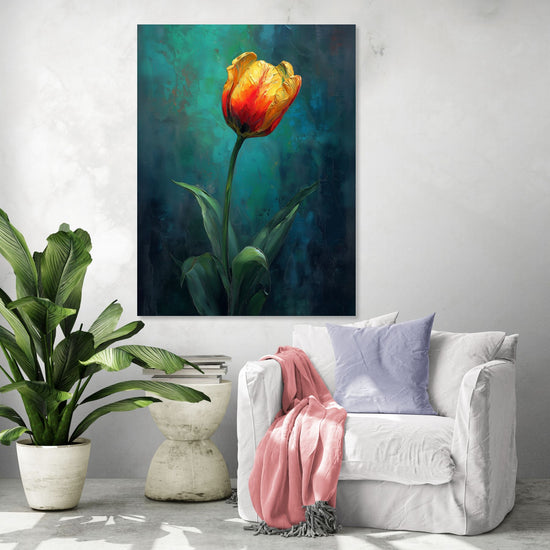 Tableau floral en gros plan d'une tulipe jaune et rouge sur fond bleu-vert, ambiance apaisante