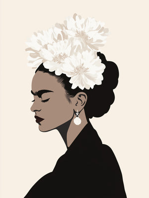 Une illustration élégante et épurée de Frida Kahlo, mettant en avant un contraste saisissant entre sa silhouette noire et ses fleurs blanches. L'arrière-plan beige accentue la douceur et l'harmonie de cette œuvre
