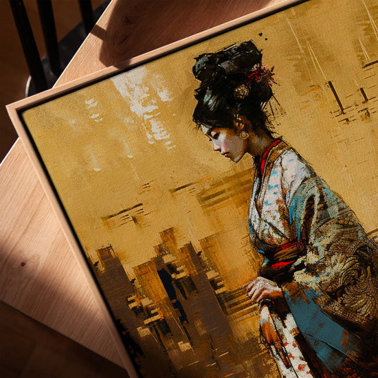 Geisha japonaise tableau sur toile pour salon cadre chêne doré
