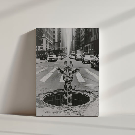toile girafe monochrome, grande ville, voitures, immeuble, route, passage piéton.