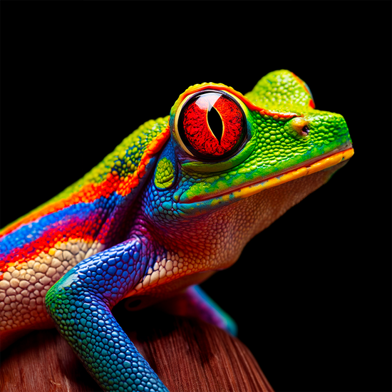 Tableau photo, grenouille arboricole aux yeux rouges, extrêmement détaillé, complexe, vibrant, vif, coloré, cinématographique, incroyable détail