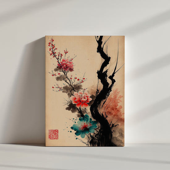 tableau japonais, Bel art de la calligraphie, fleurs de cerisier, peinture à l'encre, stylisé
