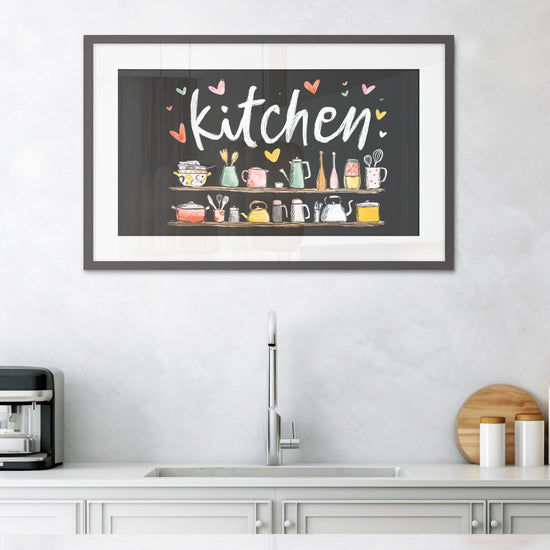 Tableau déco Kitchen coloré accroché au mur d’une cuisine moderne