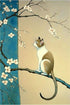 Tableau japonais, chat sur cerisier, fond bleu et beige