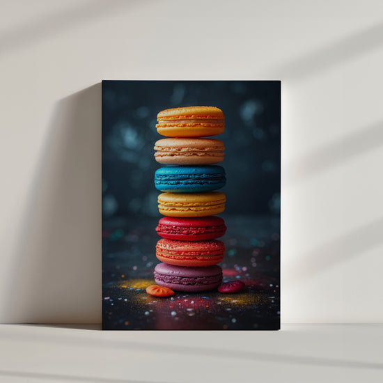 Pile artistique de macarons colorés sur fond sombre, avec une touche gourmande et des éclats sucrés autour.