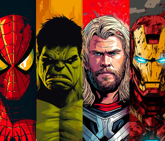 toile avec une compilation de portrait: spiderman, hulk, thor et iron man