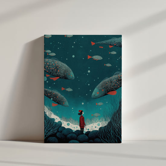 Tableau de mer pour chambre d'enfant - illustration poétique de la vie sous-marine avec une jeune fille contemplant les profondeurs