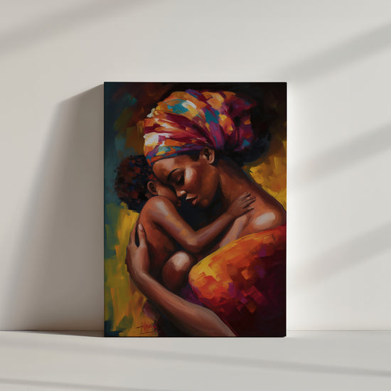 Peinture vibrante d’une mère africaine tenant son enfant, aux tons chauds et intenses. Le tissu coloré et les jeux de lumière renforcent l’émotion et la douceur de la scène. Idéal pour une décoration murale expressive et chaleureuse.