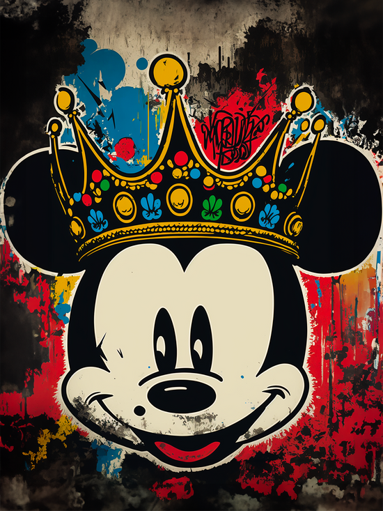 Une illustration simple, mais puissante, du tableau "Mickey Street Art" est représentée dans cette image. On y voit Mickey Mouse avec une couronne, dans un style street art distinctif. Les couleurs vives et les formes audacieuses évoquent l'esthétique urbaine tout en rappelant le charme intemporel de Mickey.