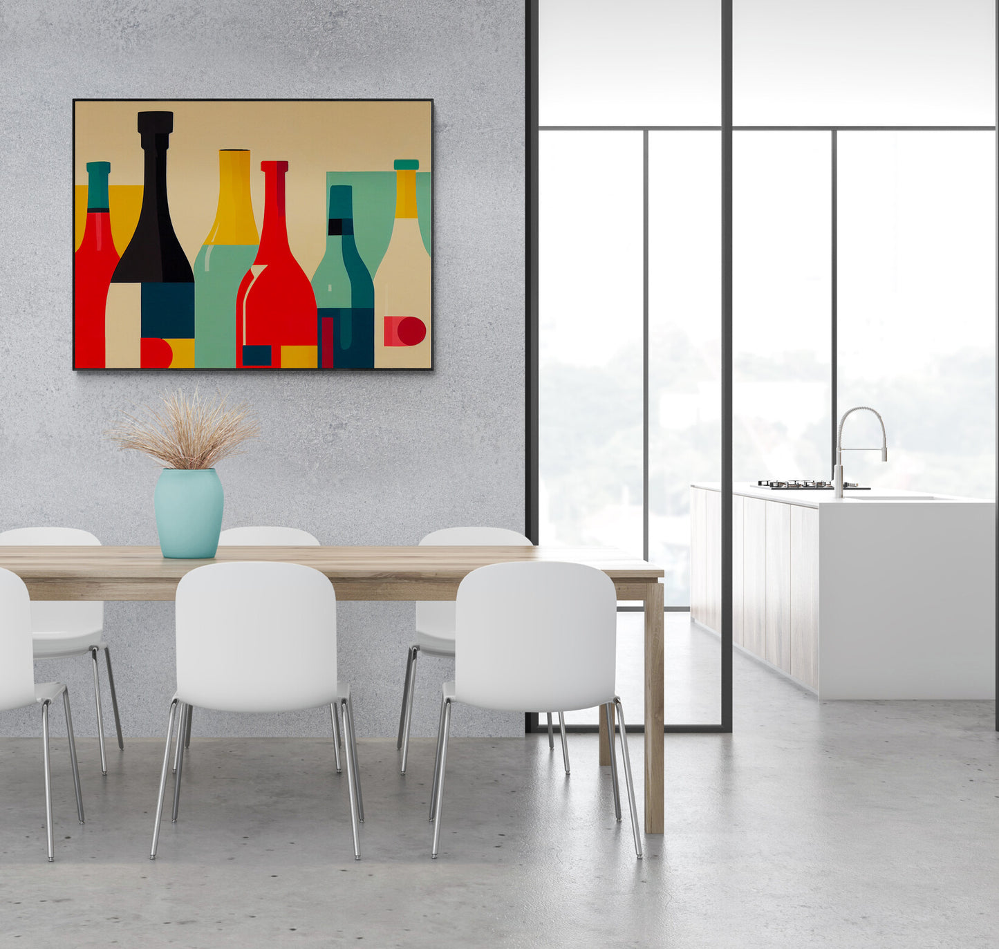 Oeuvre minimaliste vibrante sur mur de salle à manger épurée.