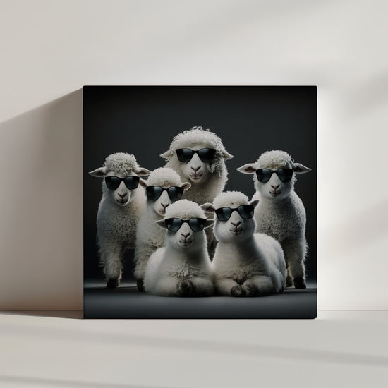 tableau moderne salon avec groupe de mouton blanc lunette noir