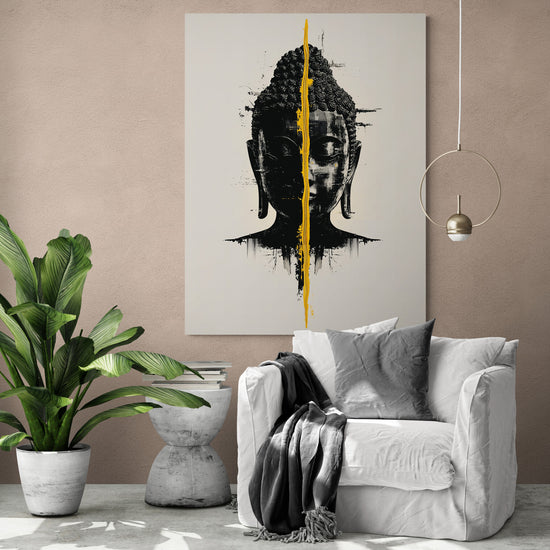 Grand tableau de Bouddha minimaliste décorant un coin détente avec fauteuil blanc et plantes vertes. L’équilibre entre les tons neutres et l’œuvre spirituelle invite au calme.