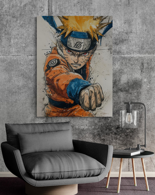 Un coin salon avec un fauteuil gris, une table basse en bois et une lampe, un grand tableau de Naruto est accroché sur un mur en béton derrière.