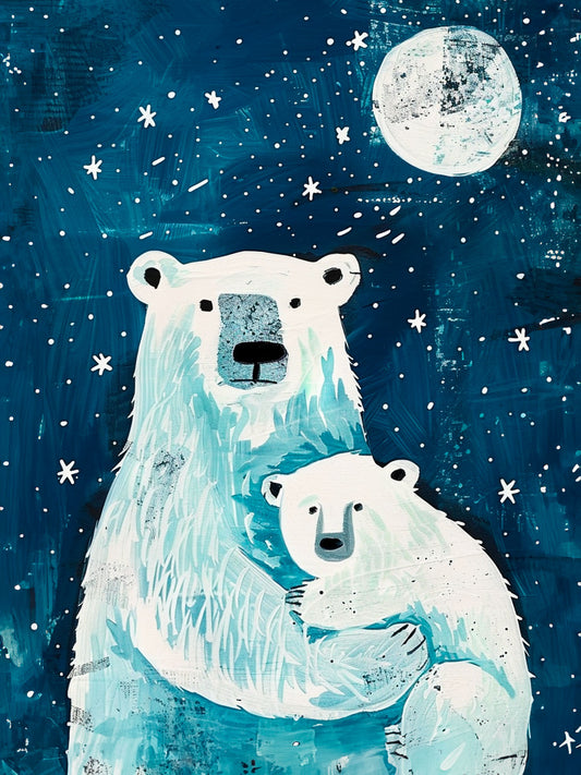 Peinture de deux ours polaires sous un ciel étoilé et une lune