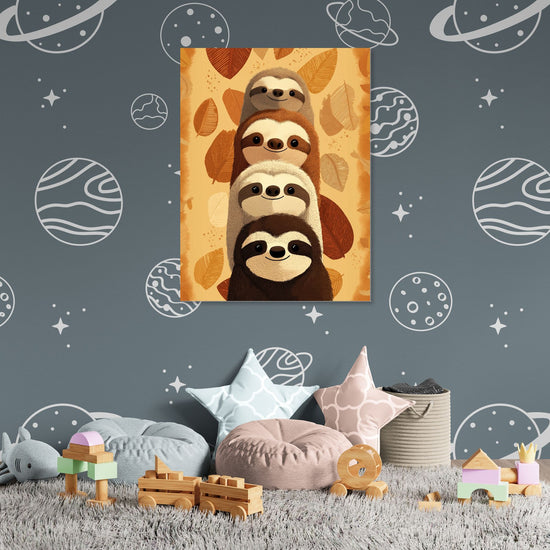 Tableau mural amusant avec des paresseux empilés, ambiance ludique et enfantine sur fond de décor spatial, mur décoration enfant