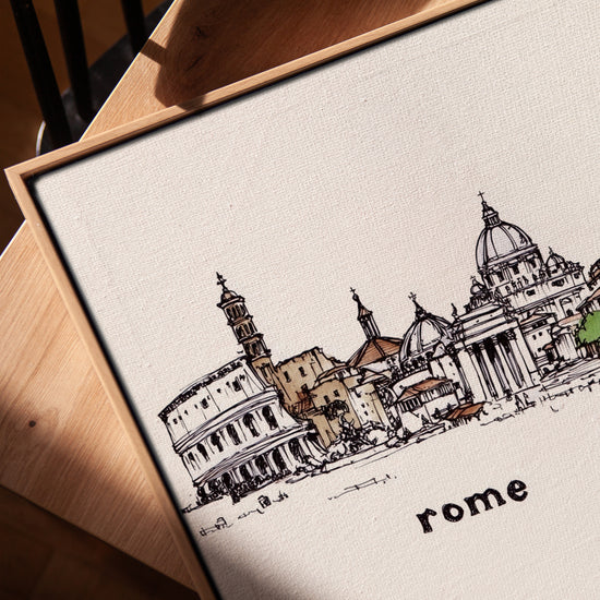 Tableau paysage Rome Colisée aquarelle sépia et vert sur toile avec cadre chêne doré dans salon