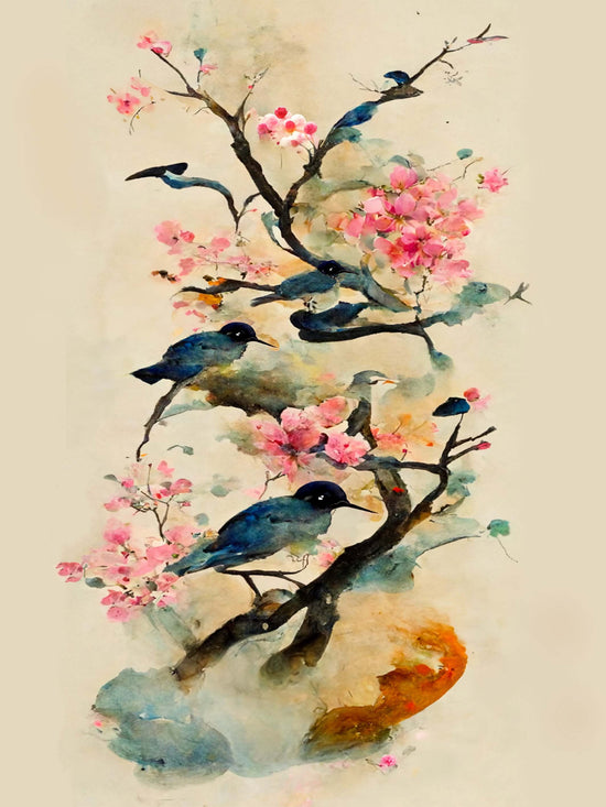 tableaux fleurs et oiseaux sur fond beige, peinture chinoise, printemps